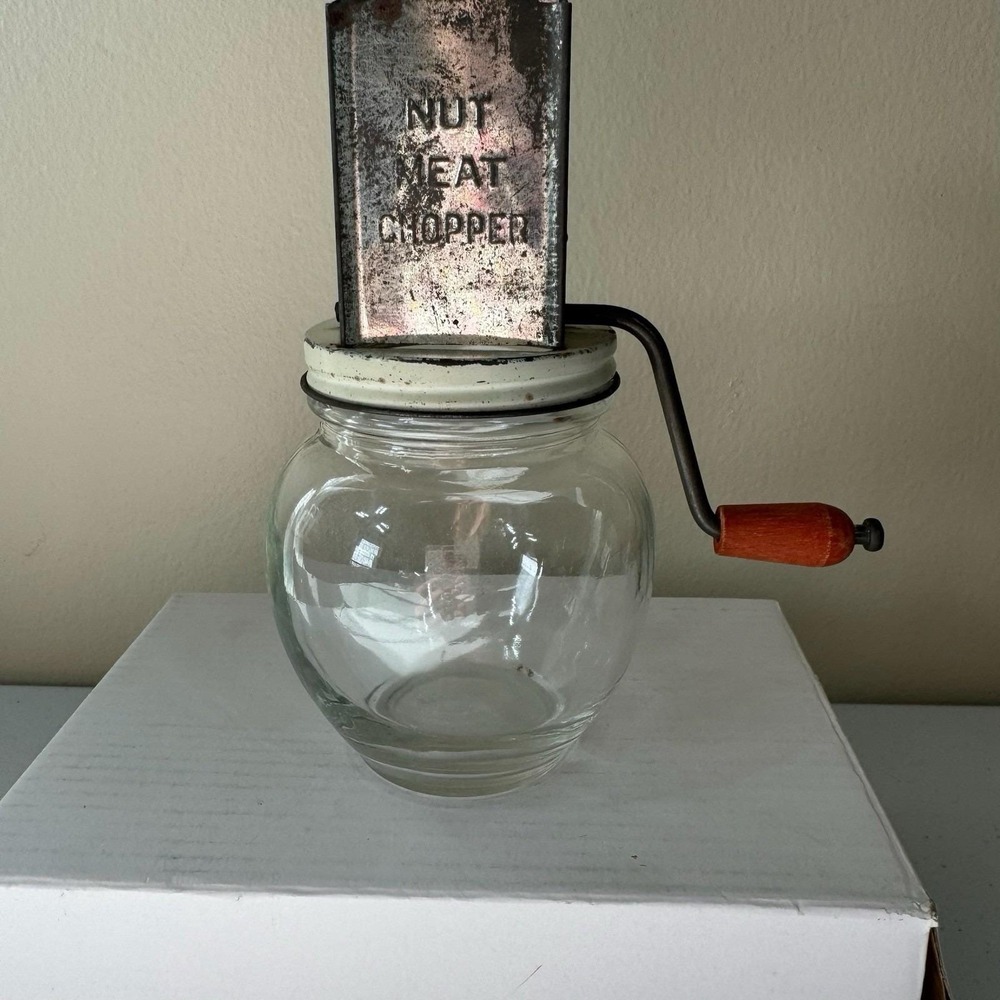 Hazel Atlas Glass Nut Chopper Grinder Spice Vintage Tin Top Painted Red Handle